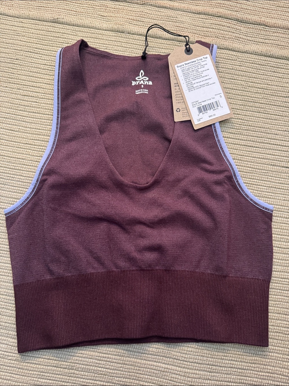 New with Tags! Prana Seamless Crop Tank - Rich Cocoa with Lavender trim Sz S